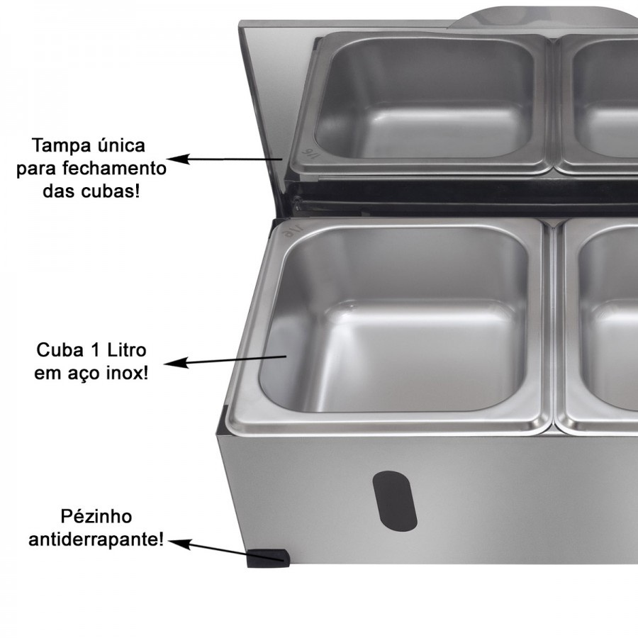 Condimentadora Pizzarola Inox 4 Cubas Inox Tampa Reta - Aisa